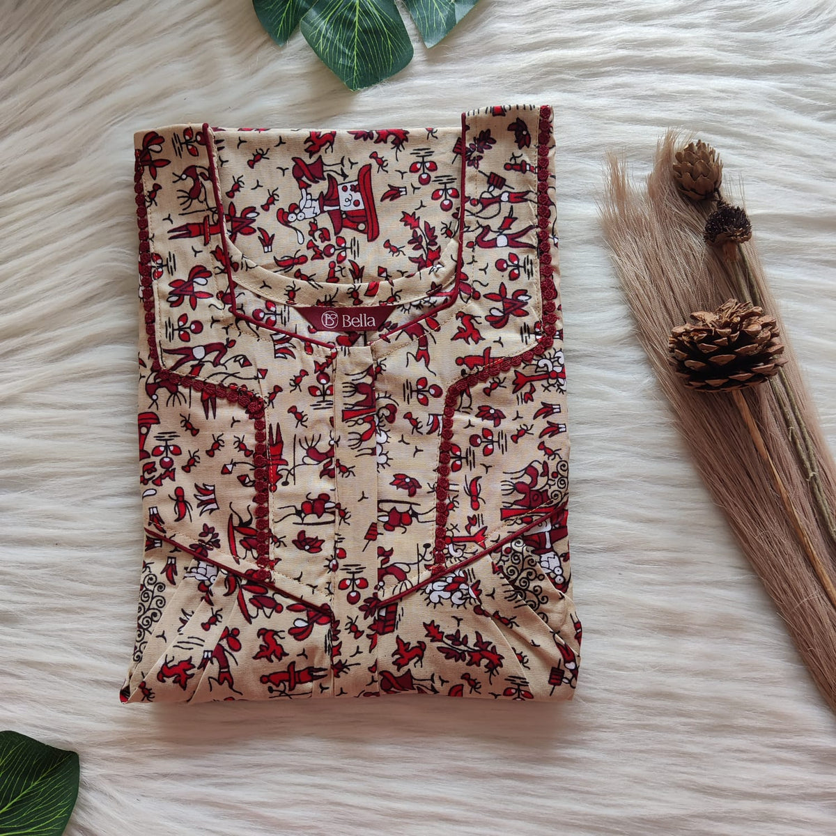 Red Printed Pale Brown Premium Cotton Long Zip Lace Feeding Nighty | Free Size | Chest Width 44″| Length 56″