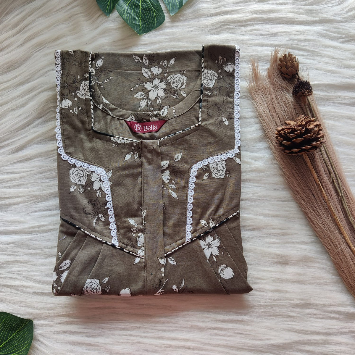 Olive Green Printed Discharge Cotton Long Zip Lace Feeding Nighty | Free Size | Chest Width 44″| Length 56″