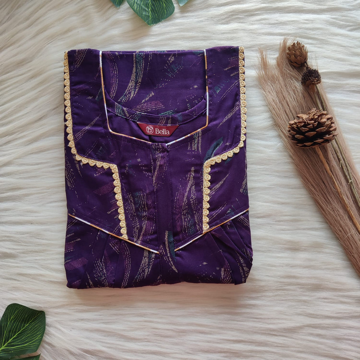 Purple Printed Discharge Cotton Long Zip Lace Feeding Nighty | Free Size | Chest Width 44″| Length 56″