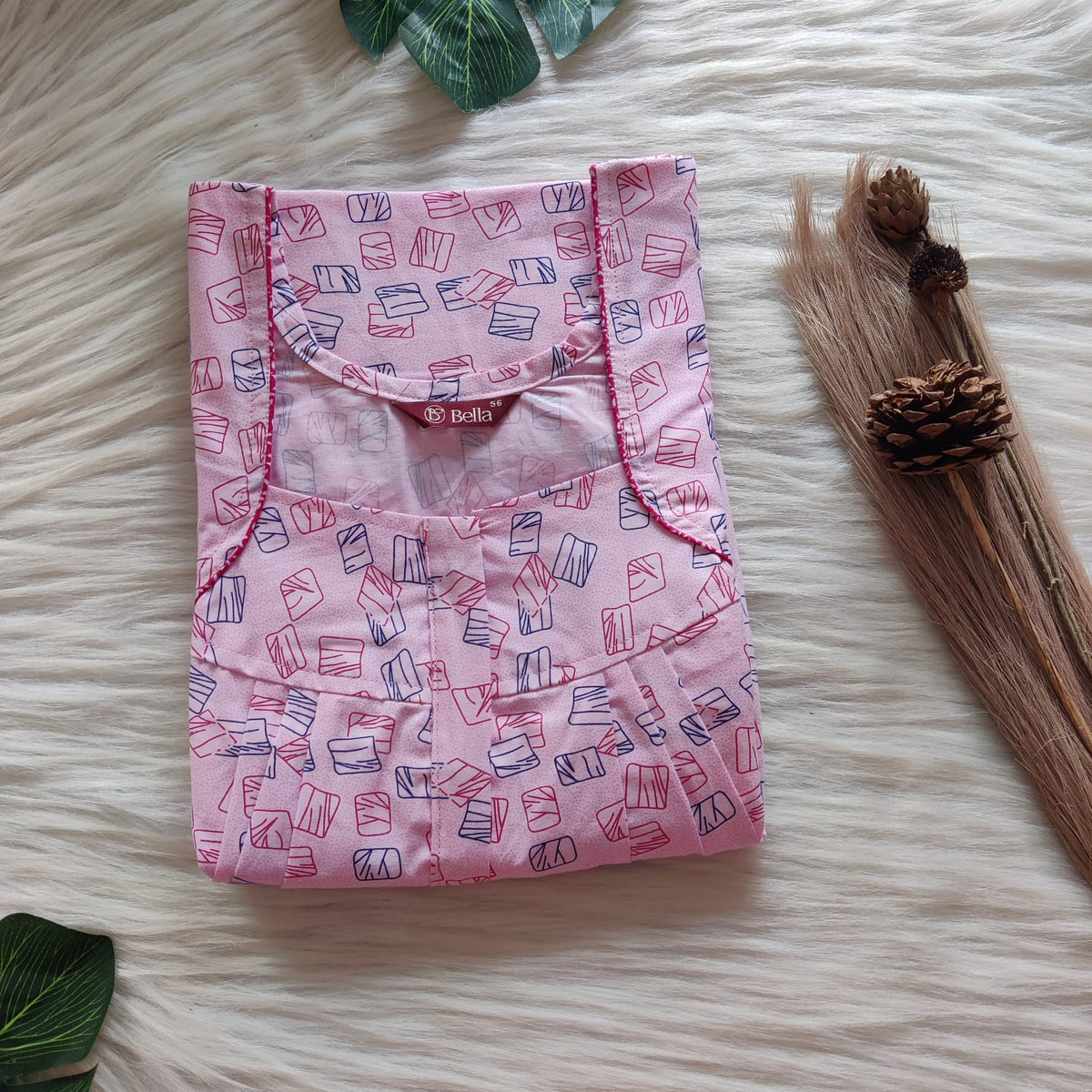 Pale Pink Printed Pure Cotton Plus Size Pleated Zip Nighty | Chest Width 50″| Length 54″-55″