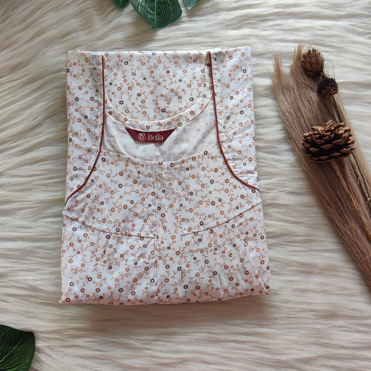 Brown Printed White Pure Cotton Pleated Zip Nighty | Free Size | Chest Width 44″| Length 54″-55″