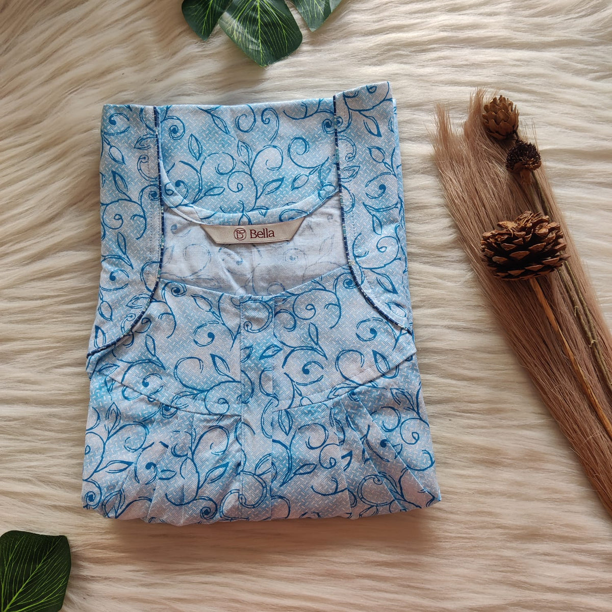 Blue Leaf Printed Pure Cotton Plus Size Pleated Zip Nighty | Chest Width 50″| Length 54″-55″