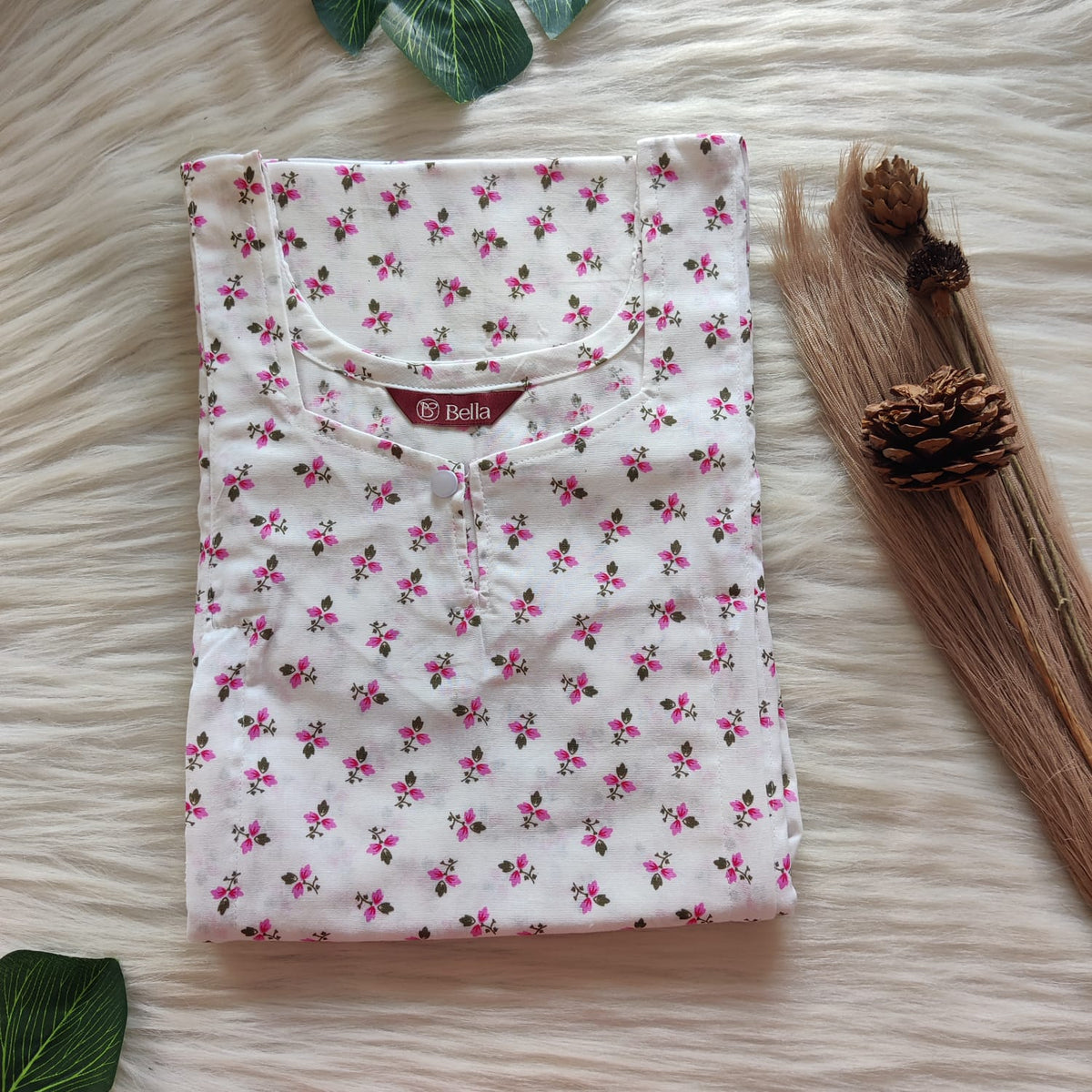 Pink Printed White Premium Cotton Aline Cut Vertical Zip Feeding Nighty | Free Size | Chest Width 44″| Length 54″-56″