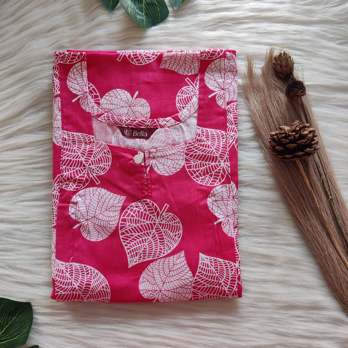 Pink Leaf Printed Premium Cotton Aline Cut Vertical Zip Feeding Nighty | Free Size | Chest Width 44″| Length 54″-56″