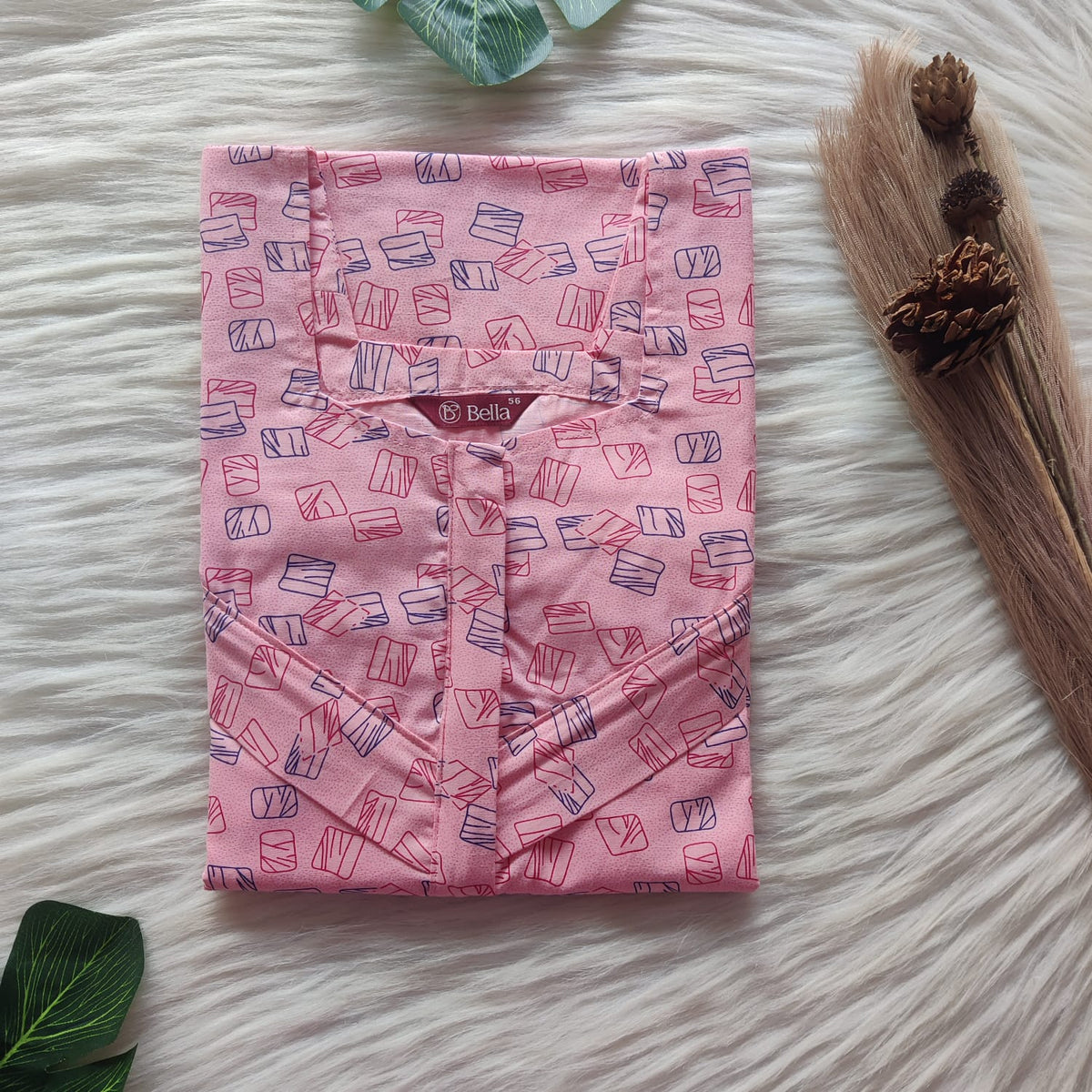 Pale Pink Check Pure Cotton Horizontal Zip Feeding Nighty | Free Size | Chest Width 44″| Length 54″-56″