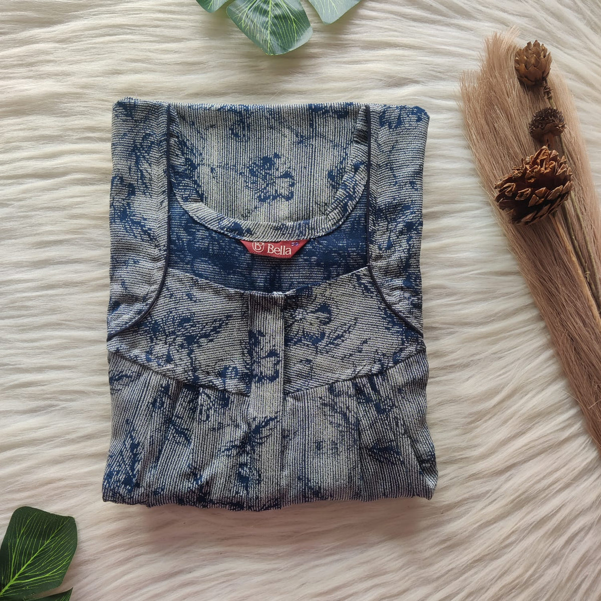 Cream Printed Navy-Blue Alfine Pleated Zip Nighty | Free Size | Chest Width 44″| Length 54″-55″