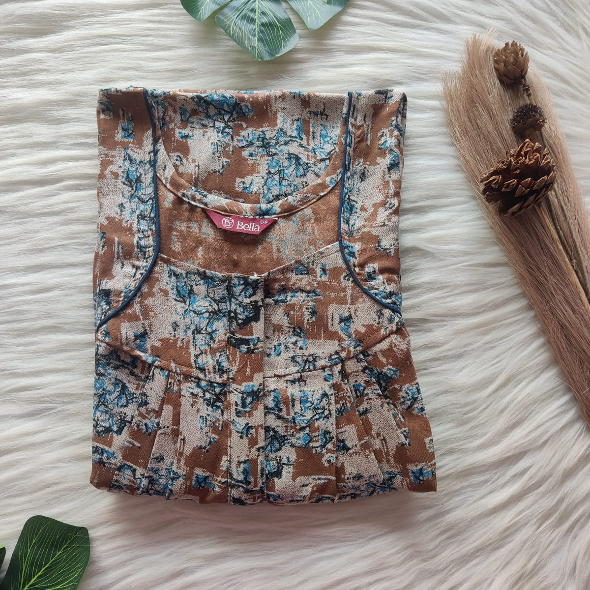Brown Printed Alfine Pleated Zip Nighty | Free Size | Chest Width 44″| Length 54″-55″