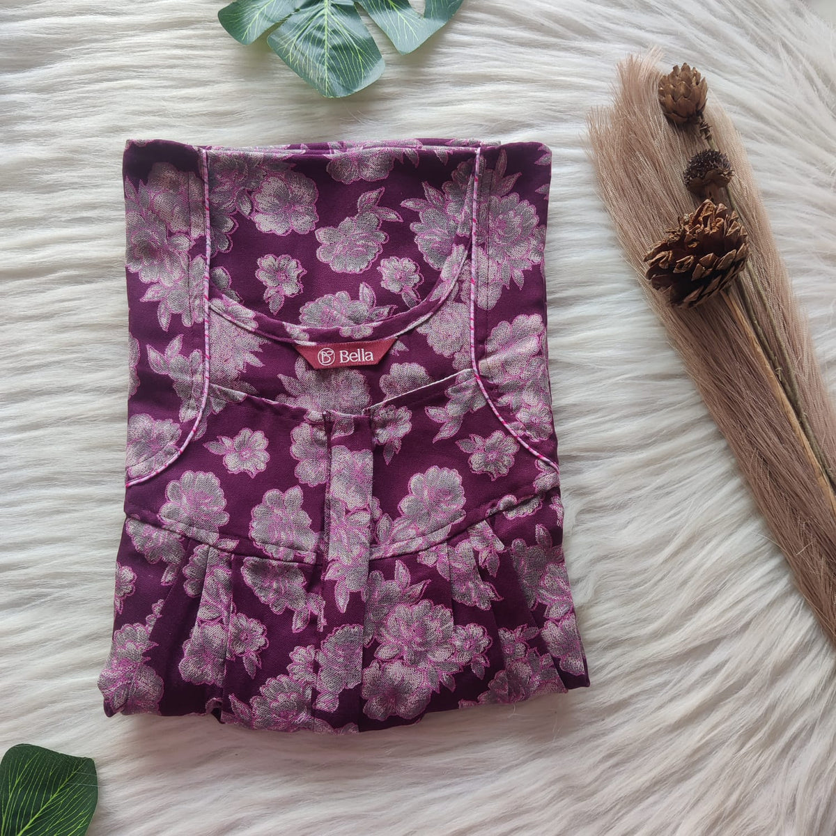 Wine Floral Printed Alfine Pleated Zip Nighty | Free Size | Chest Width 44″| Length 54″-55″