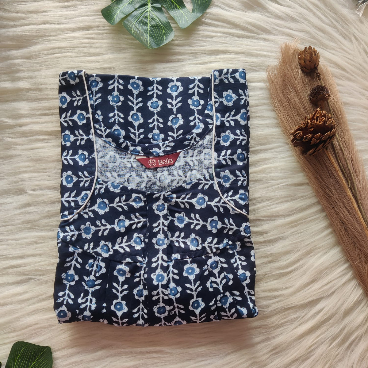 Navy Blue Floral Printed Premium Cotton Button Zip Nighty | Free Size | Chest Width 44″| Length 55″-56″