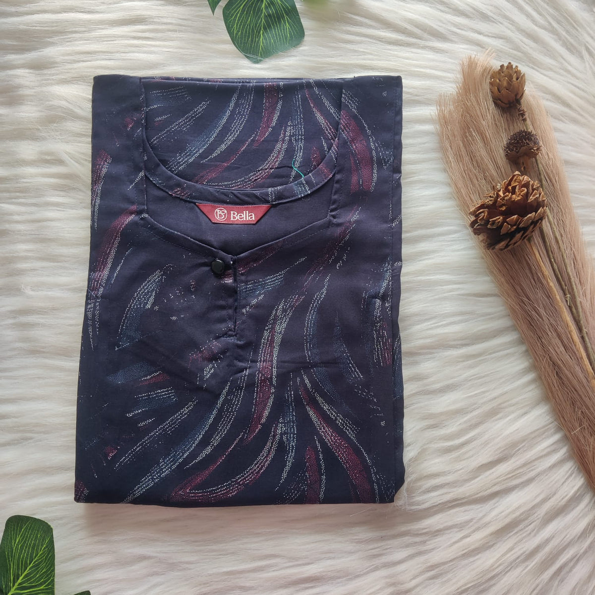 Navy Blue Printed Discharge Cotton Aline Cut Vertical Zip Feeding Nighty | Free Size | Chest Width 44″| Length 54″-56″
