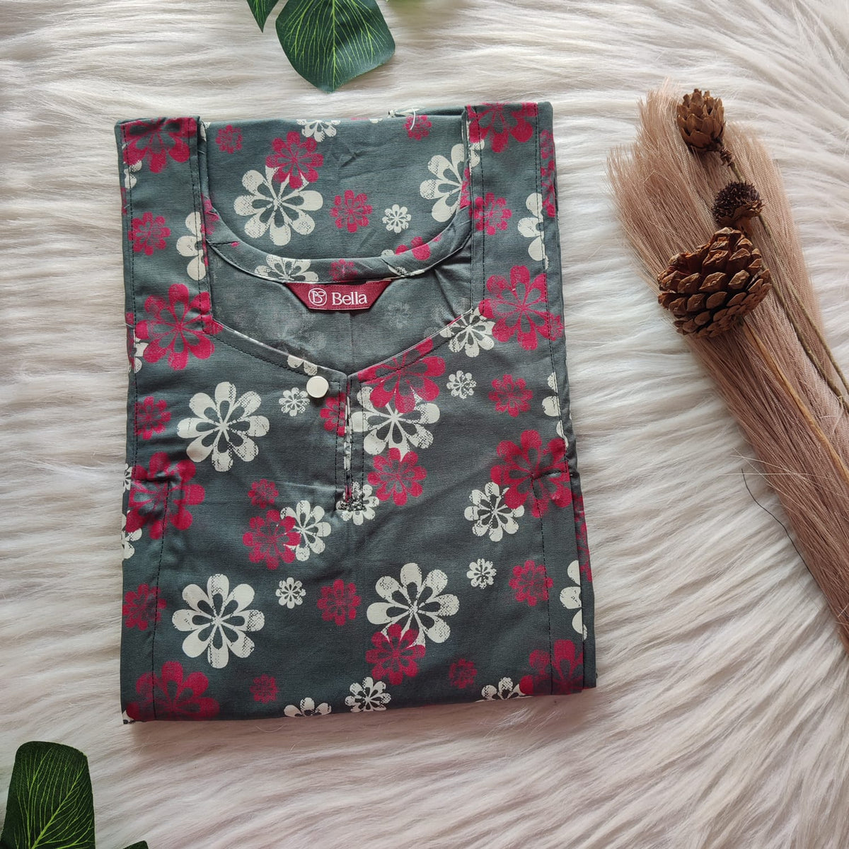 Cream Floral Printed Green Discharge Cotton Aline Cut Vertical Zip Feeding Nighty | Free Size | Chest Width 44″| Length 54″-56″