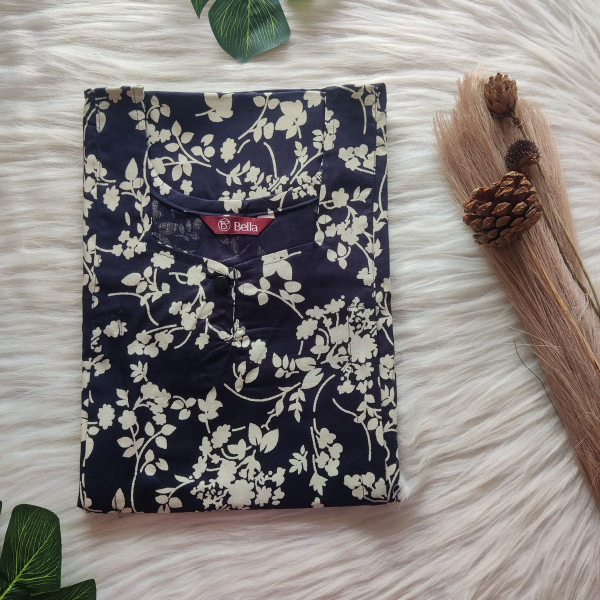 Cream Printed Navy Blue Discharge Cotton Aline Cut Vertical Zip Feeding Nighty | Free Size | Chest Width 44″| Length 54″-56″