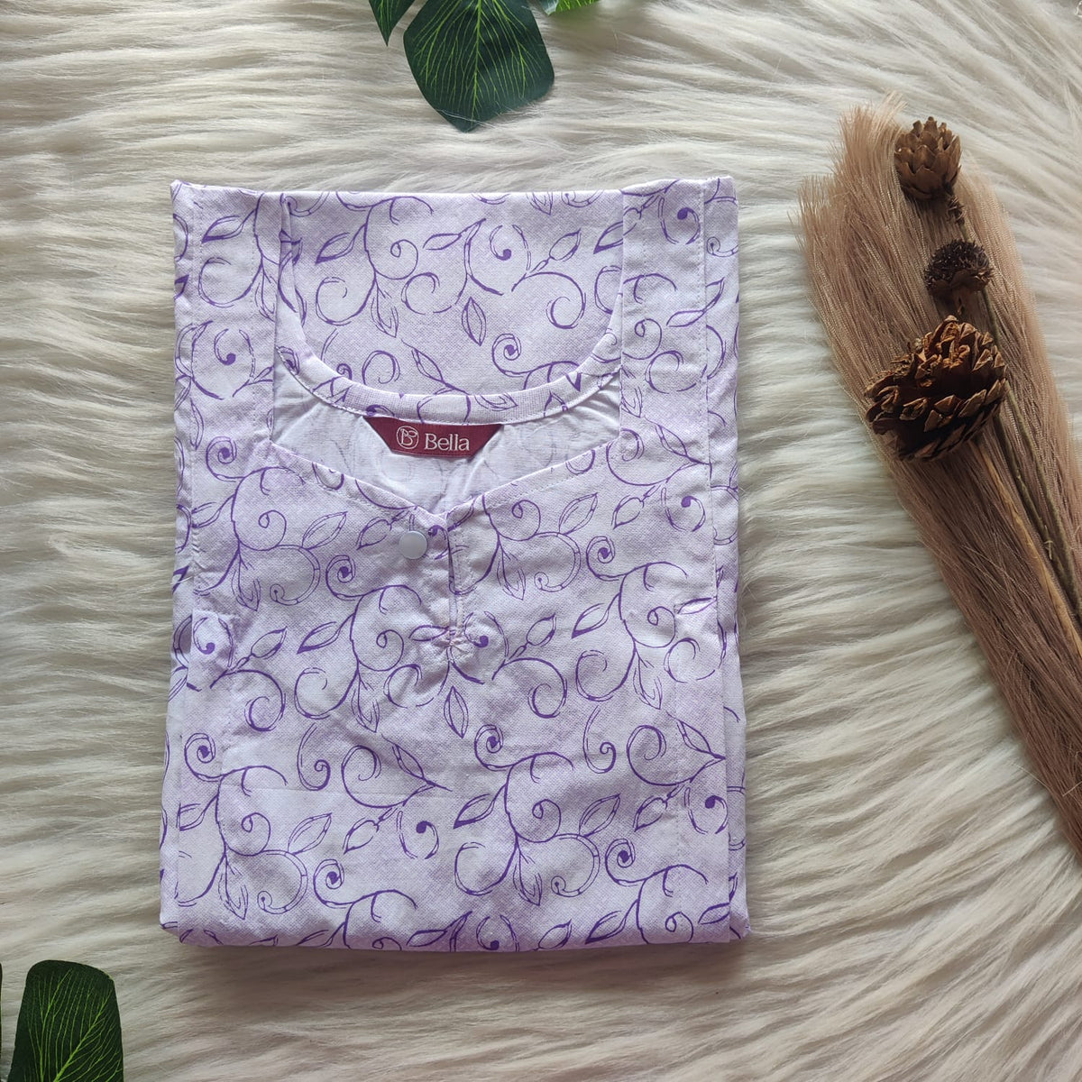 Lavender Printed Pure Cotton Aline Cut Vertical Zip Feeding Nighty | Free Size | Chest Width 44″| Length 54″-56″