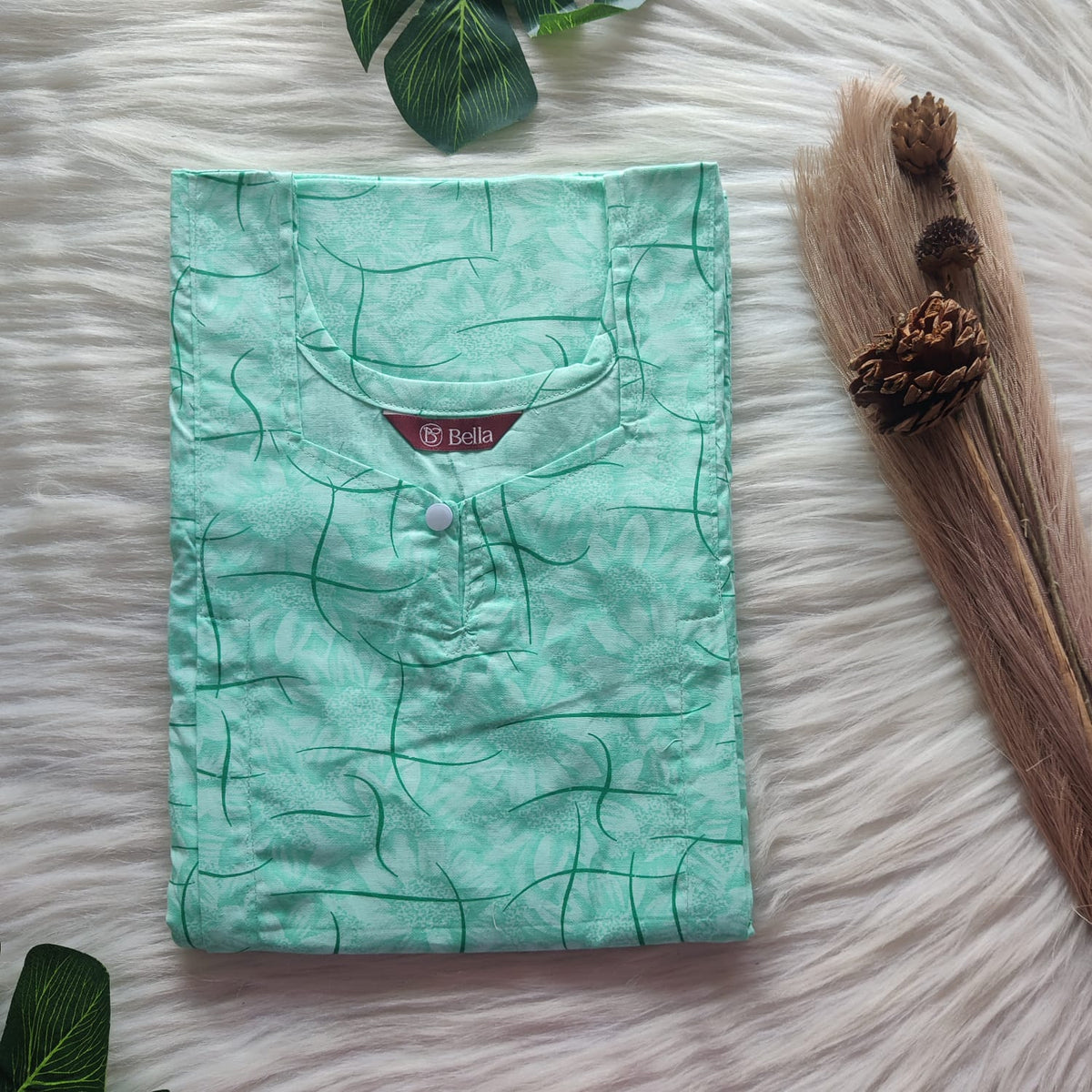 Pale Green Printed Pure Cotton Plus Size Aline Cut Vertical Zip Feeding Nighty | Chest Width 48″-50″| Length 54″-56″