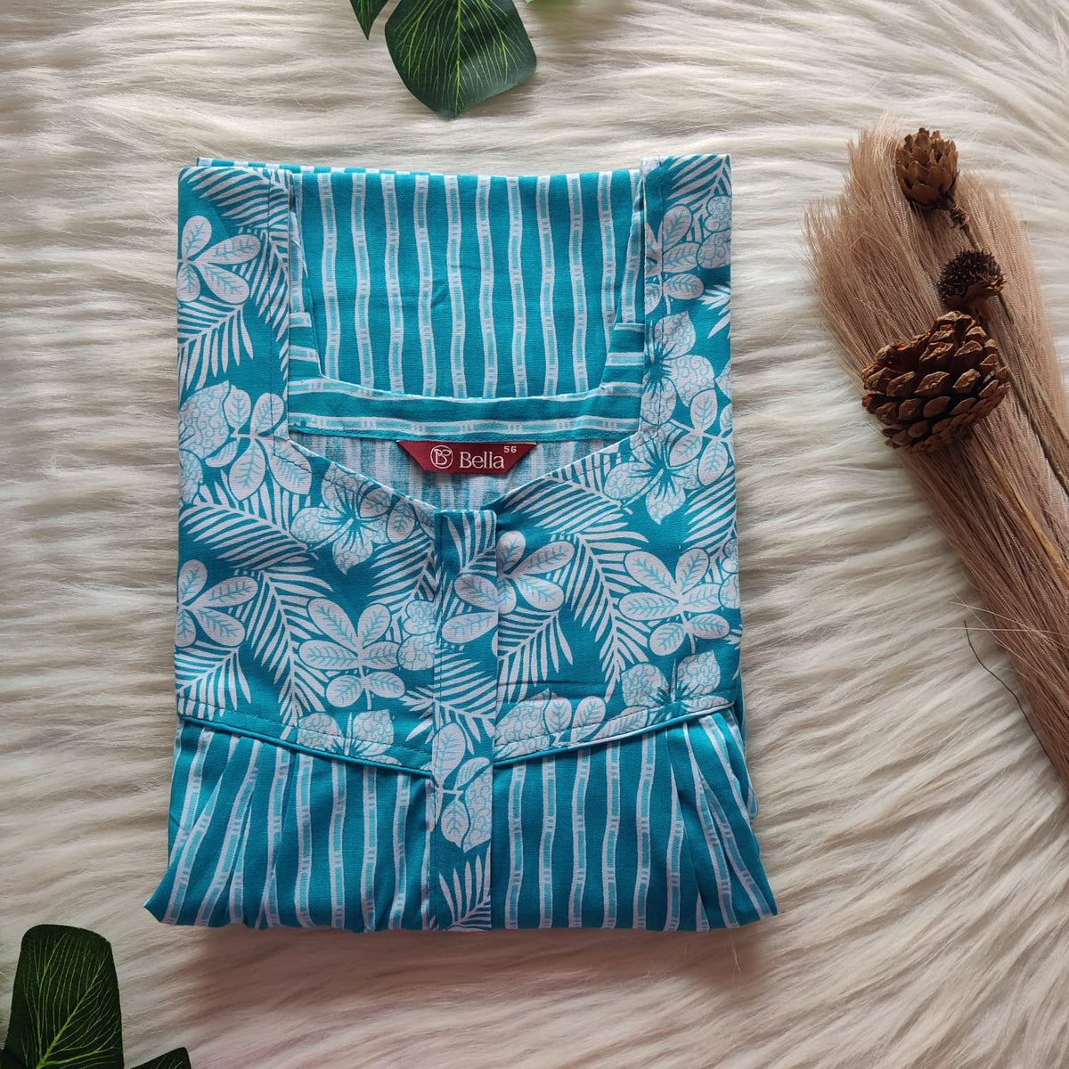 White And Blue Stripes Premium Cotton Square Neck Pleated Nighty | Free Size | Chest Width 44″| Length 55″-56″
