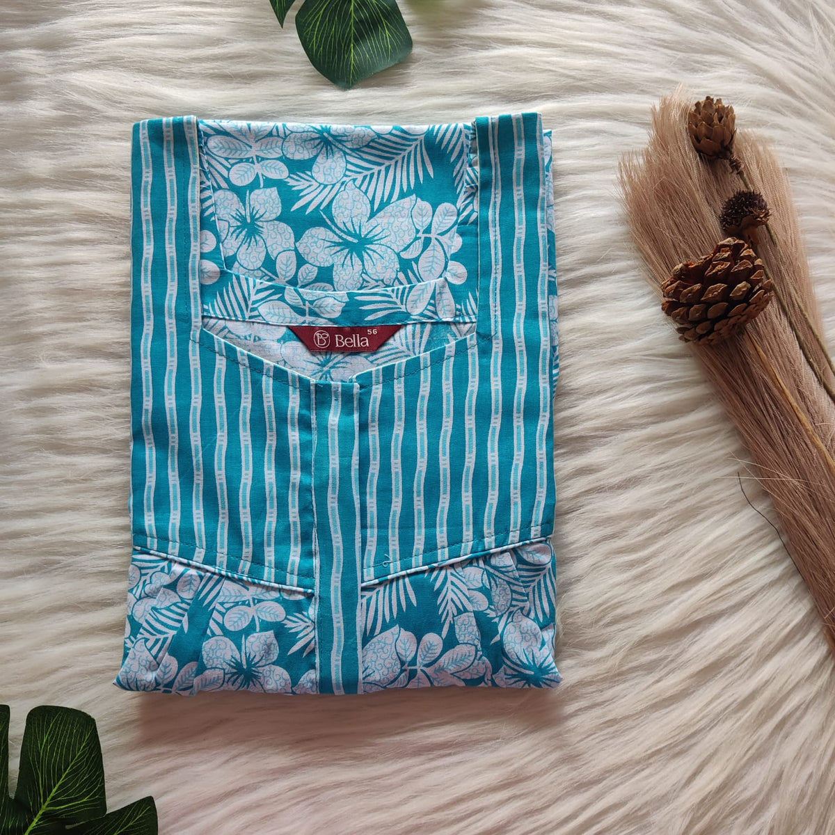 Blue And White Floral Premium Cotton Square Neck Pleated Nighty | Free Size | Chest Width 44″| Length 55″-56″