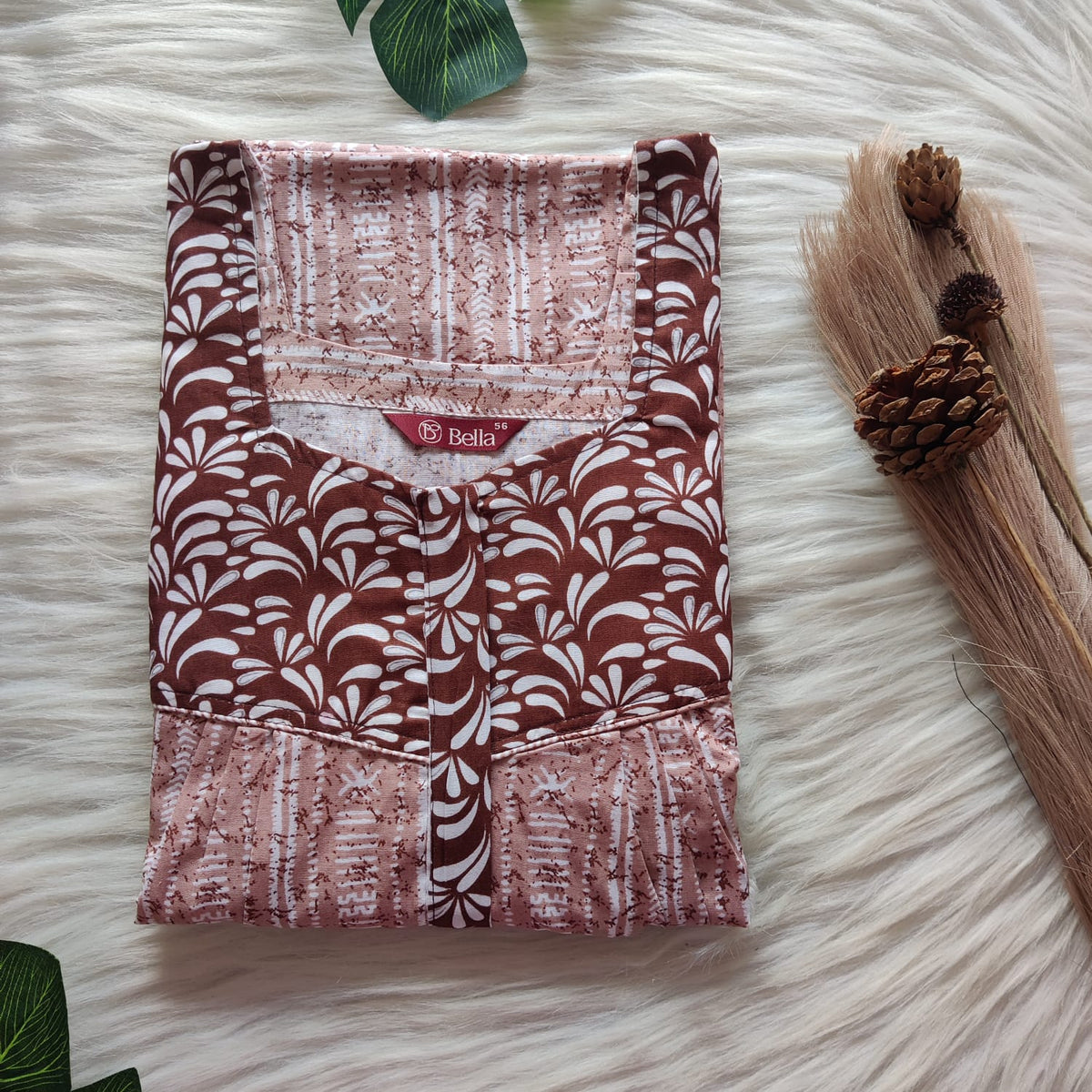 Dark And Pale Brown Premium Cotton Square Neck Pleated Nighty | Free Size | Chest Width 44″| Length 55″-56″