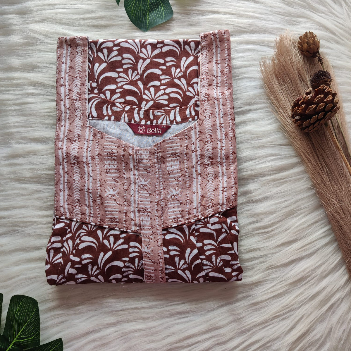 Pale And Dark Brown Premium Cotton Square Neck Pleated Nighty | Free Size | Chest Width 44″| Length 55″-56″