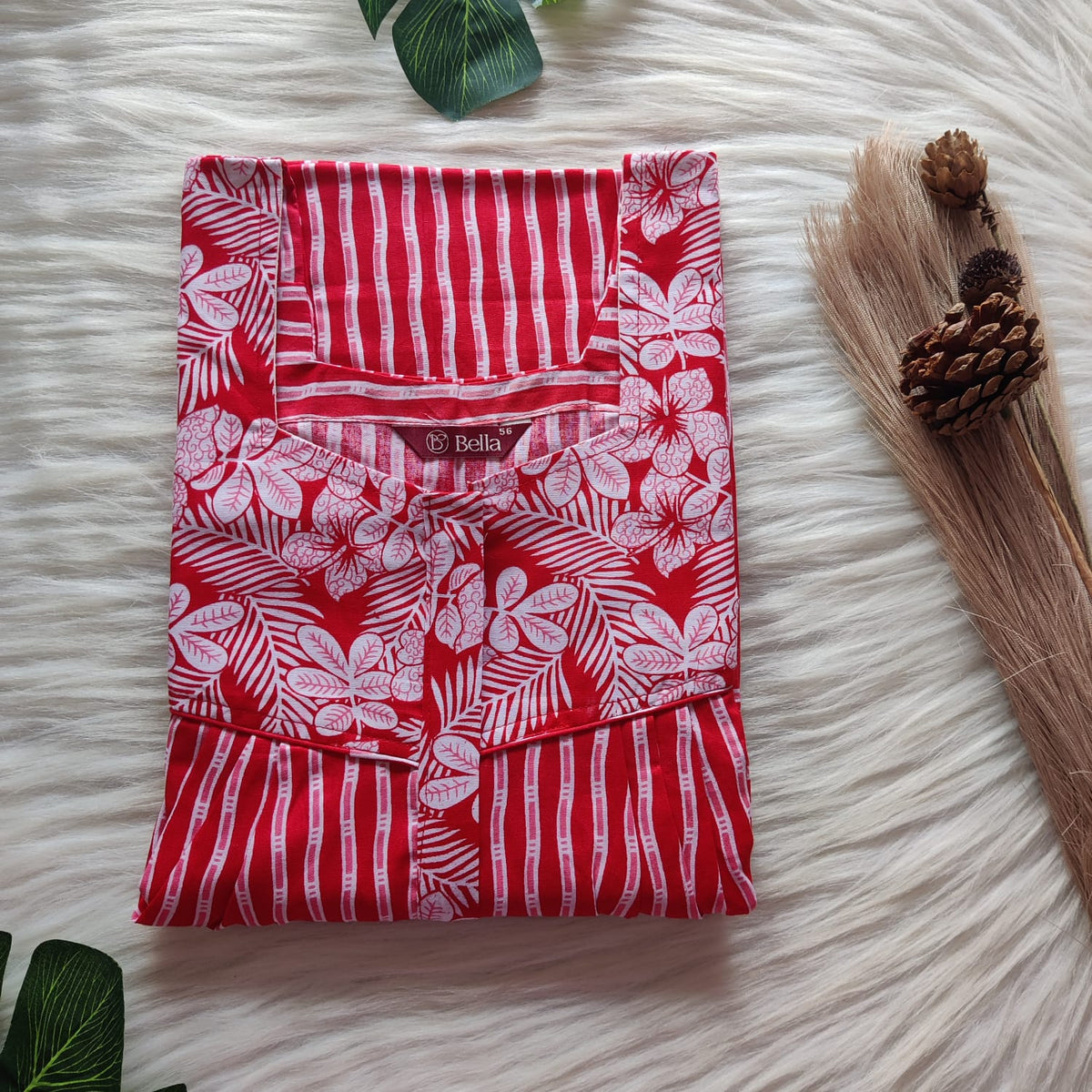 White And Red Stripes Premium Cotton Square Neck Pleated Nighty | Free Size | Chest Width 44″| Length 55″-56″