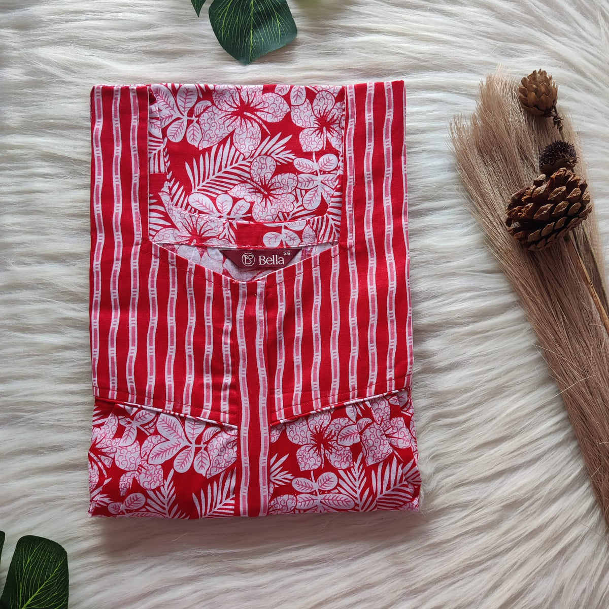 Red And White Floral Premium Cotton Square Neck Pleated Nighty | Free Size | Chest Width 44″| Length 55″-56″