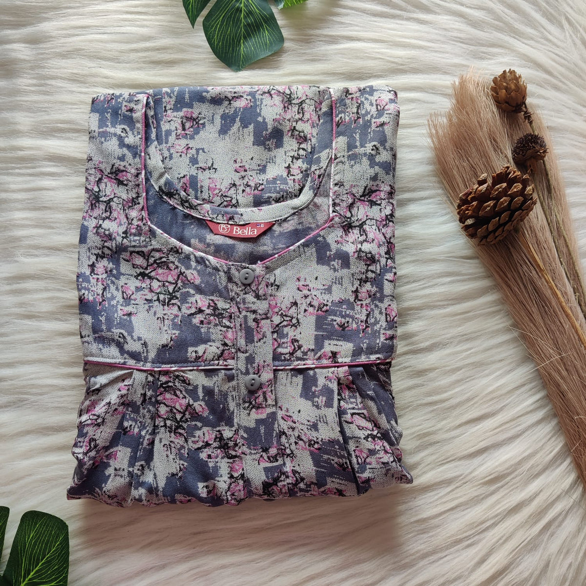 Grey And Pink Printed Alfine Button Zip Nighty | Free Size | Chest Width 44″| Length 54″-56″