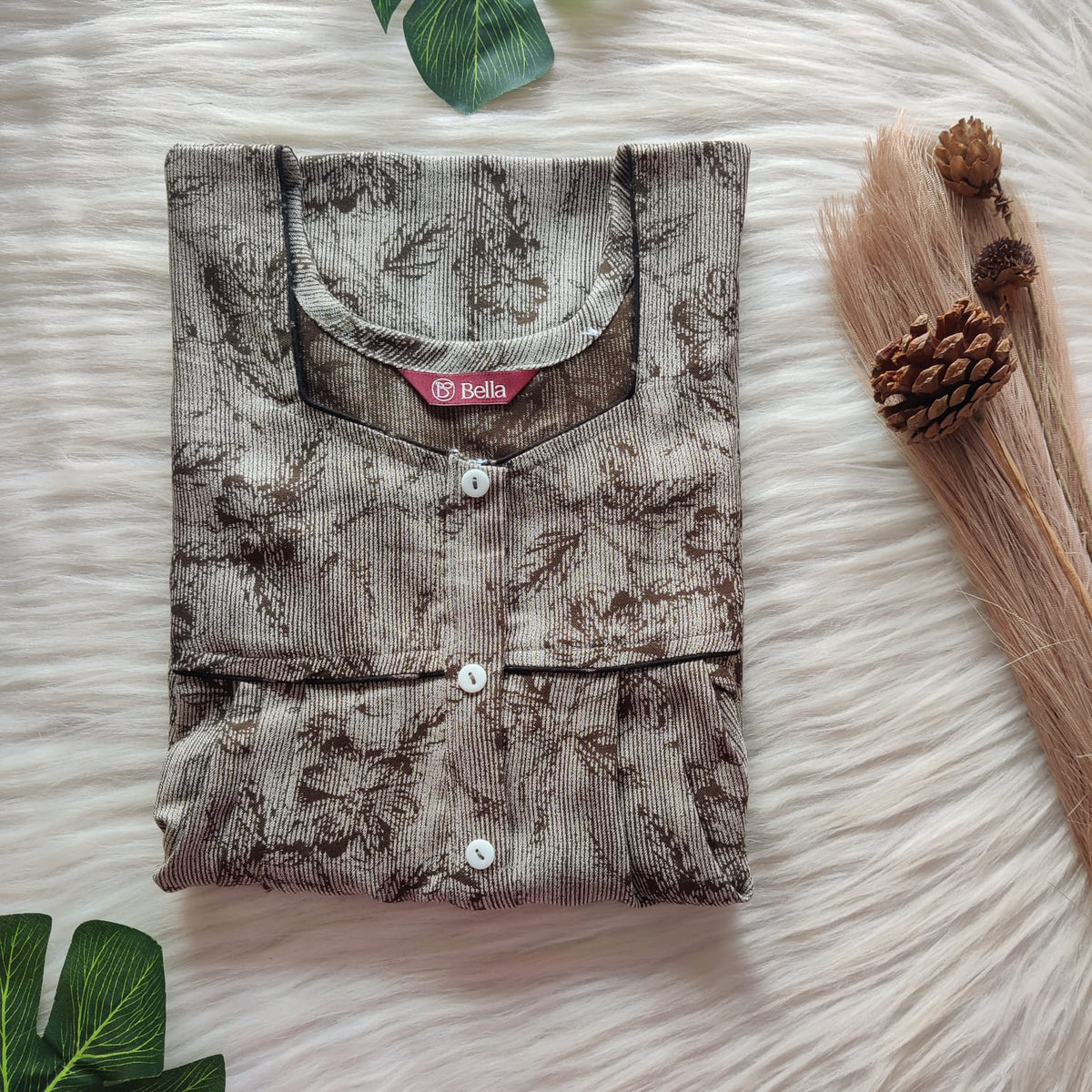 Grey Printed Olive Green Printed Alfine Button Zip Nighty | Free Size | Chest Width 44″| Length 54″-56″