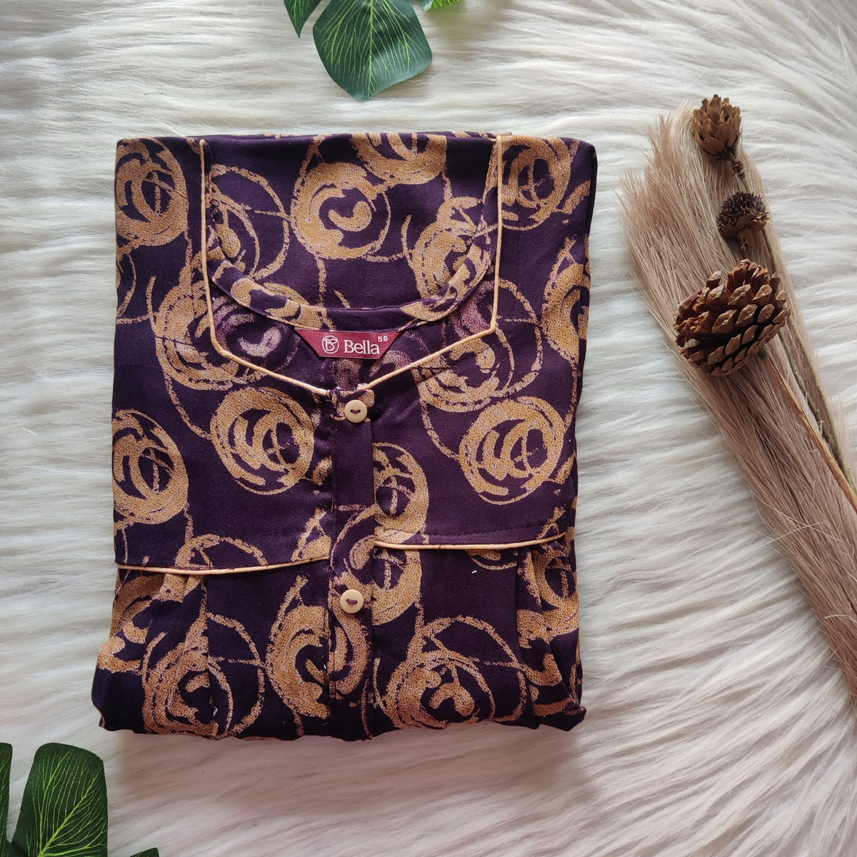 Brown Printed Wine Printed Alfine Button Zip Nighty | Free Size | Chest Width 44″| Length 54″-56″