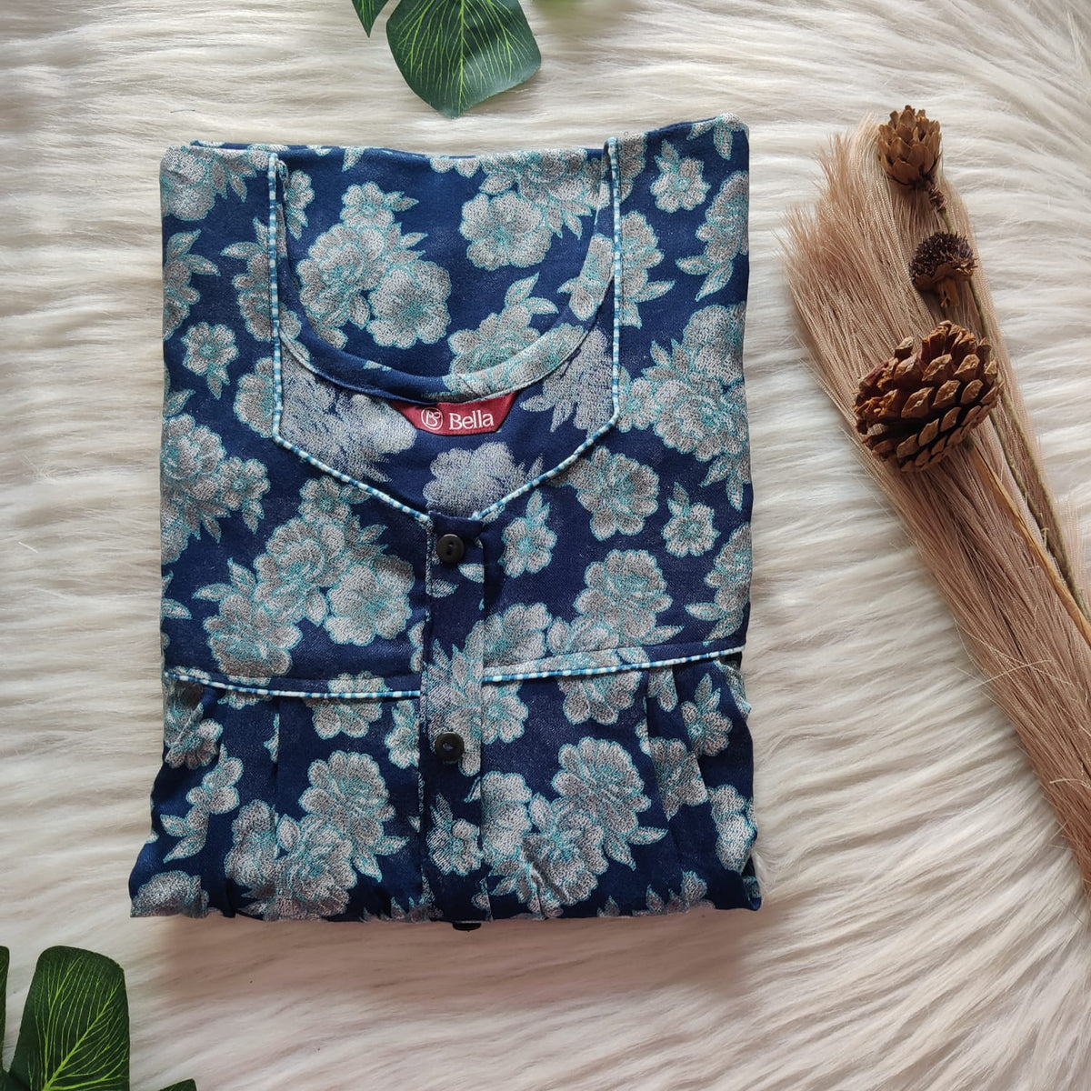 Navy-Blue Floral Printed Alfine Button Zip Nighty | Free Size | Chest Width 44″| Length 54″-56″