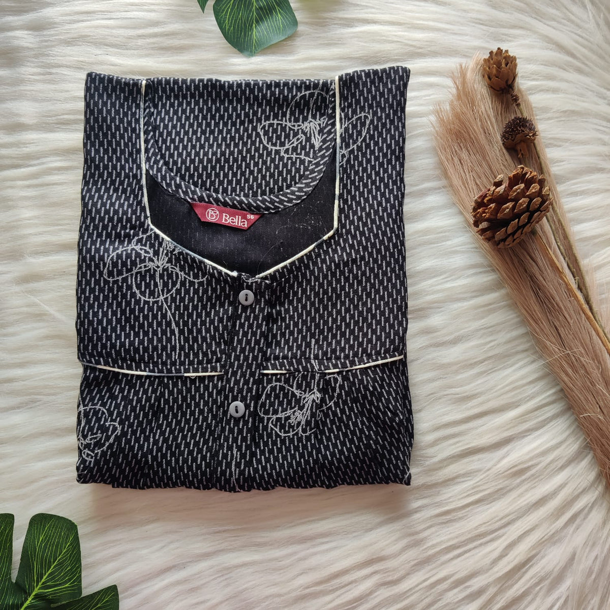 Black Printed Alfine 60 Inch Length Button Zip Nighty | Free Size | Chest Width 44″|