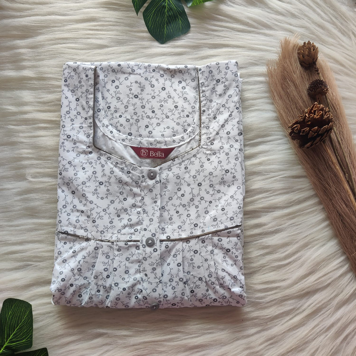 Grey Printed White Pure Cotton Plus Size Button Zip Nighty | Chest Width 50″| Length 55″-56″