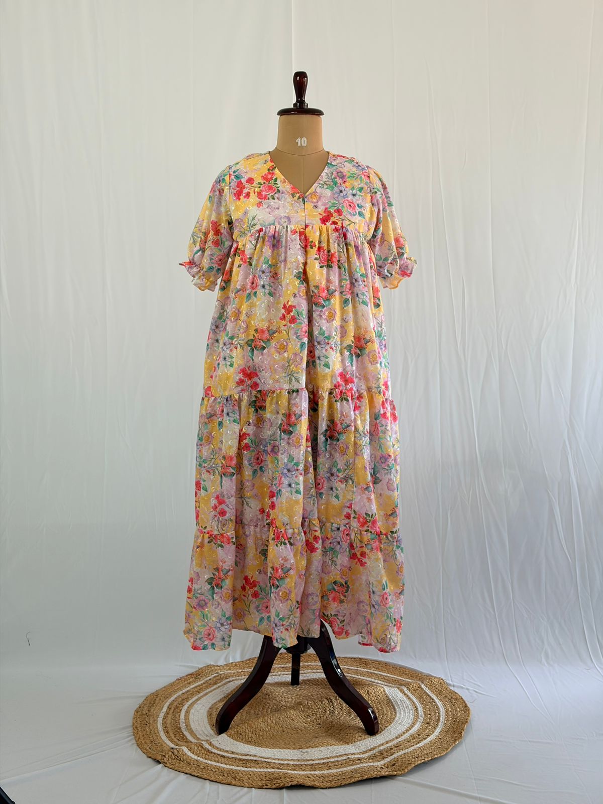 Yellow Floral Hakoba Flared Feeding Gown With Single Centre Invisible Zip | Free Size | 46" length