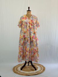 Yellow Floral Hakoba Flared Feeding Gown With Single Centre Invisible Zip | Free Size | 46" length