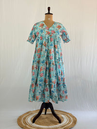 Blue Floral Hakoba Flared Feeding Gown With Single Centre Invisible Zip | Free Size | 46" length