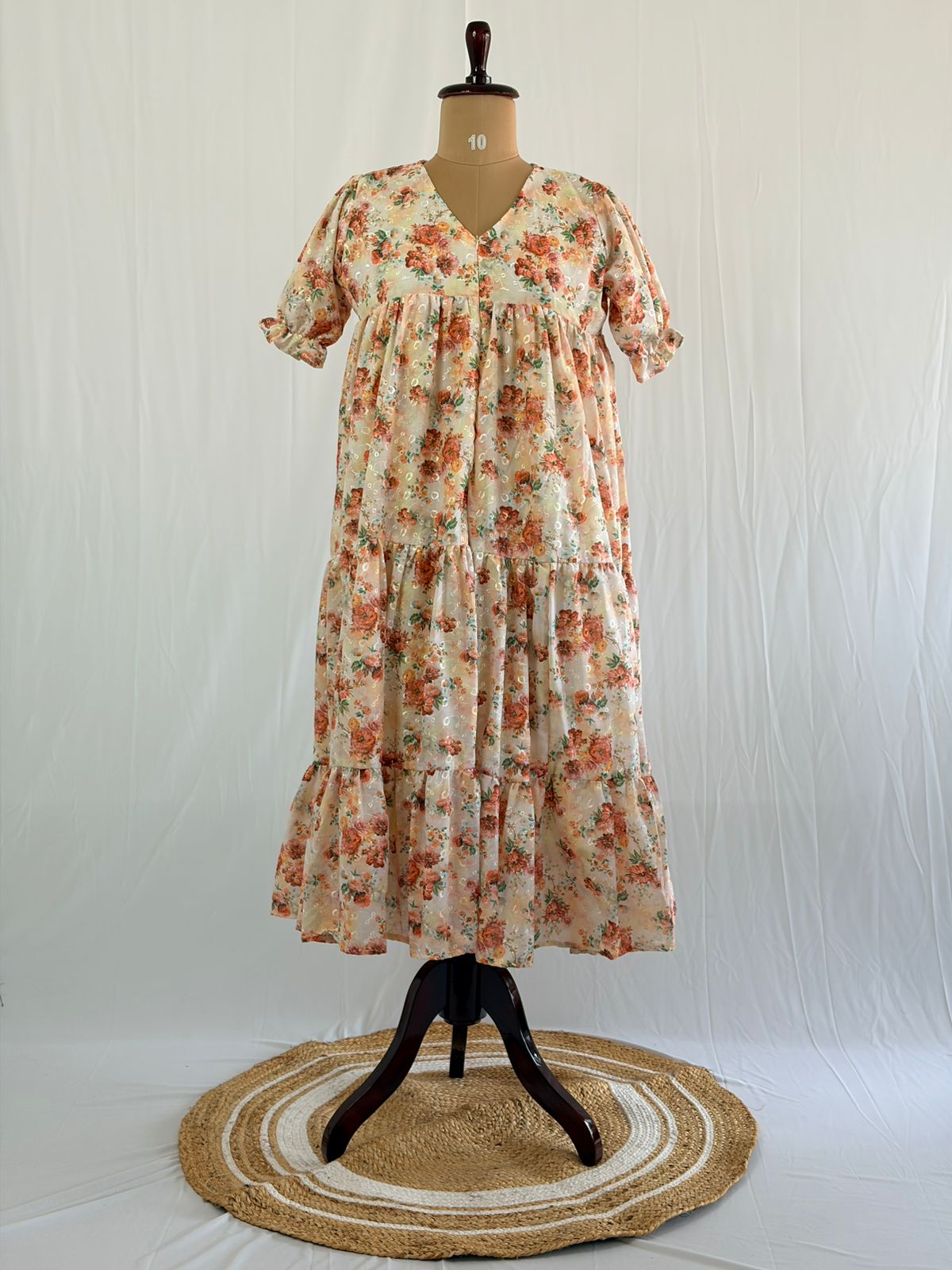 Cream And Brown Floral Hakoba Flared Feeding Gown With Single Centre Invisible Zip | Free Size | 46" length