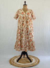 Cream And Brown Floral Hakoba Flared Feeding Gown With Single Centre Invisible Zip | Free Size | 46" length