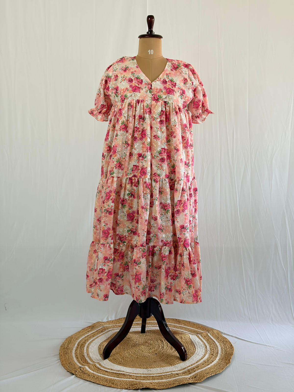 Pink Floral Hakoba Flared Feeding Gown With Single Centre Invisible Zip | Free Size | 46" length