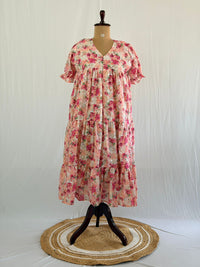 Pink Floral Hakoba Flared Feeding Gown With Single Centre Invisible Zip | Free Size | 46" length