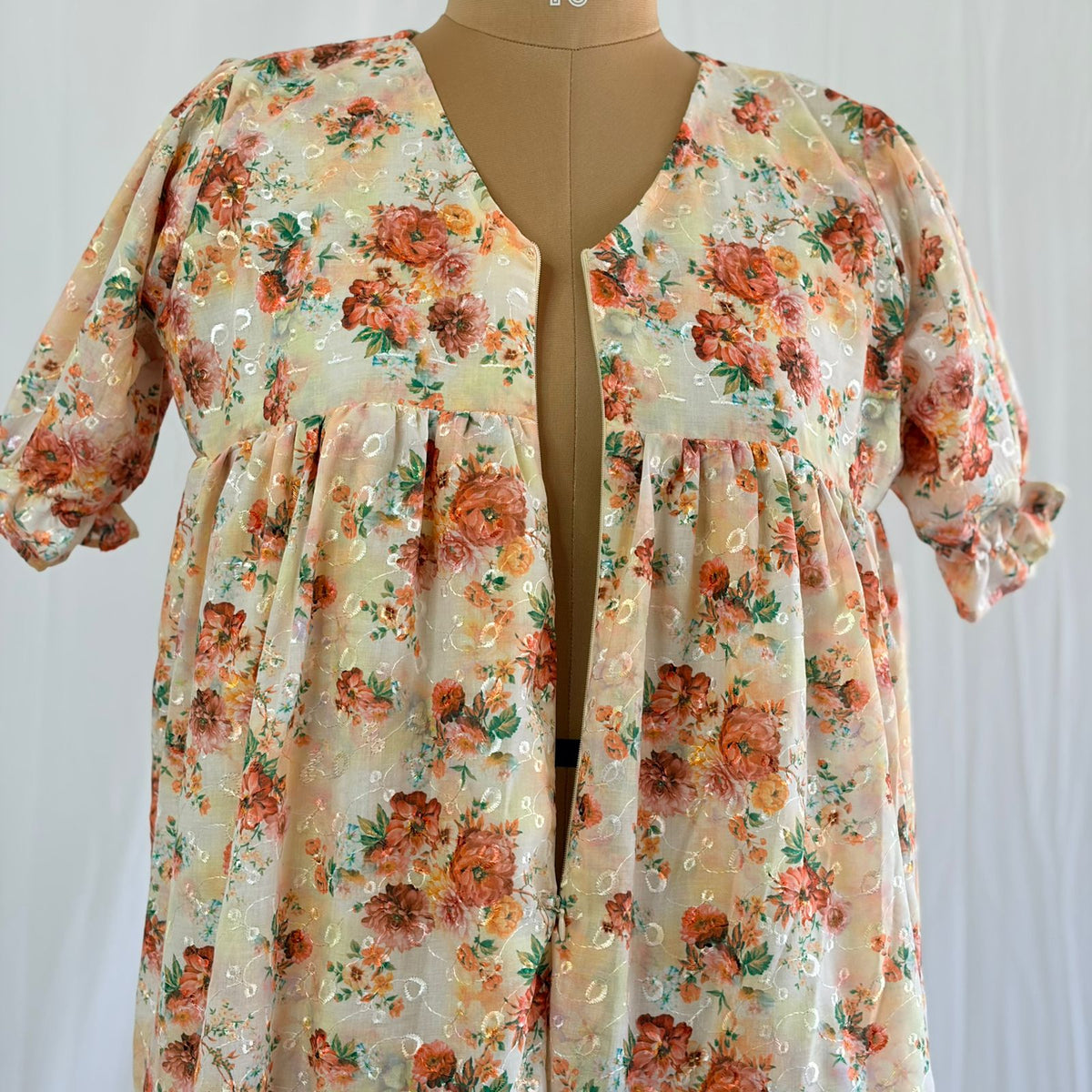 Cream And Brown Floral Hakoba Flared Feeding Gown With Single Centre Invisible Zip | Free Size | 46" length