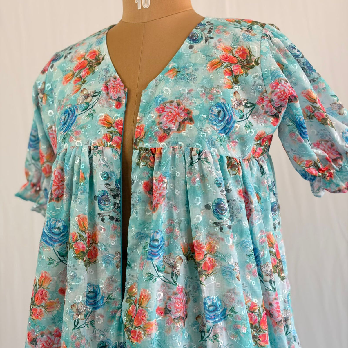 Blue Floral Hakoba Flared Feeding Gown With Single Centre Invisible Zip | Free Size | 46" length