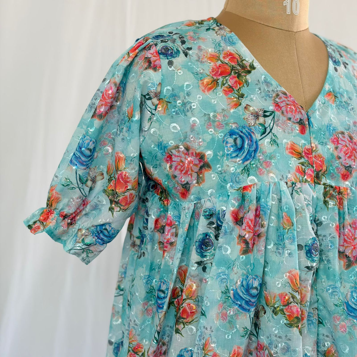 Blue Floral Hakoba Flared Feeding Gown With Single Centre Invisible Zip | Free Size | 46" length