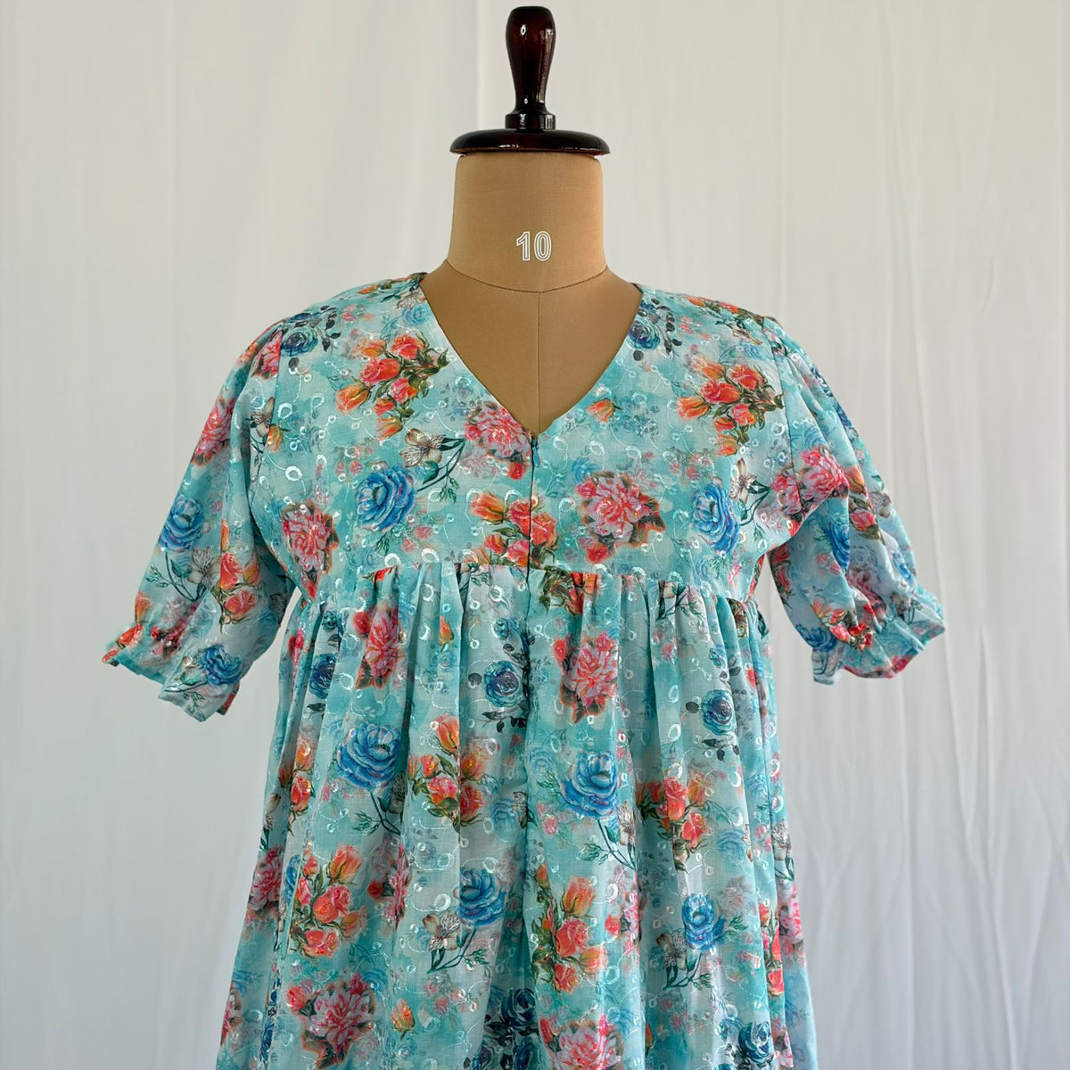 Blue Floral Hakoba Flared Feeding Gown With Single Centre Invisible Zip | Free Size | 46" length