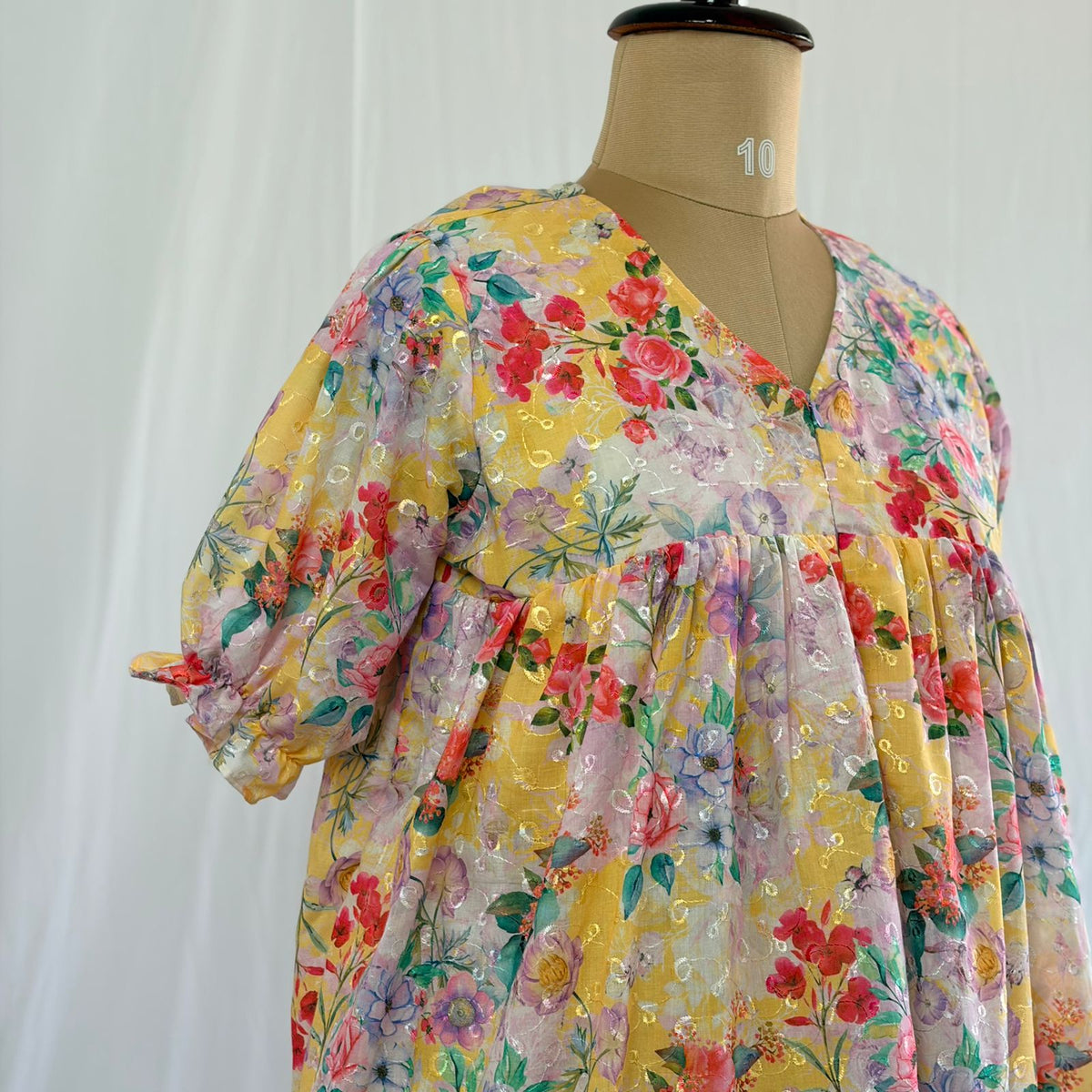 Yellow Floral Hakoba Flared Feeding Gown With Single Centre Invisible Zip | Free Size | 46" length