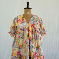 Yellow Floral Hakoba Flared Feeding Gown With Single Centre Invisible Zip | Free Size | 46" length
