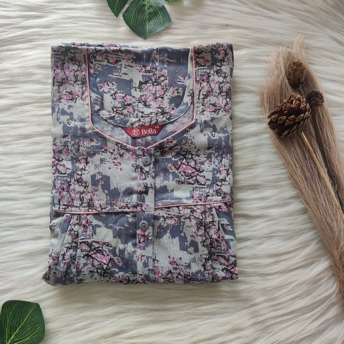 Pink Printed Grey Alfine Button Zip Nighty | Free Size | Chest Width 44″| Length 54″-56″