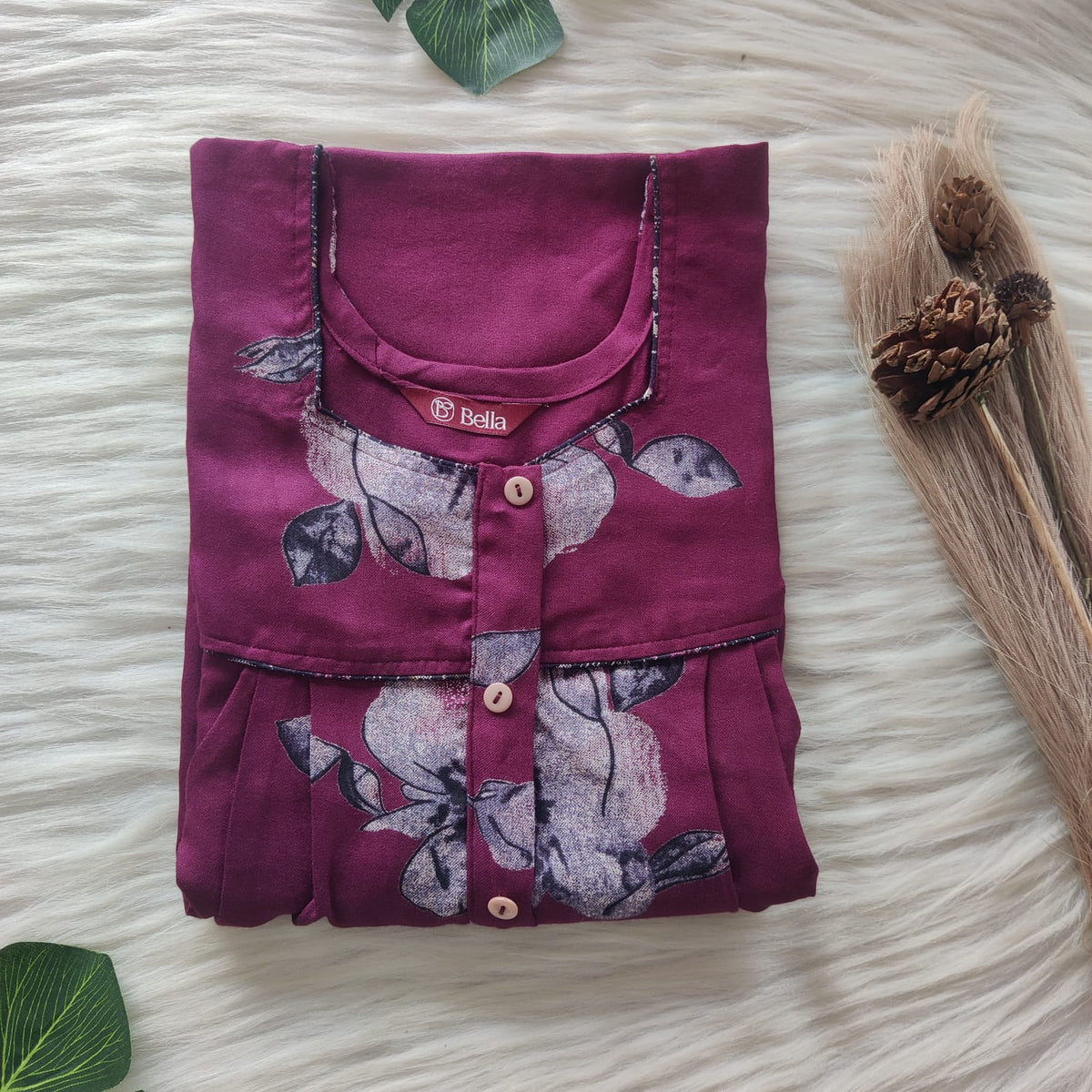 Mauve Printed Alpine Plus Size Button Zip Nighty | Free Size | Chest Width 50″| Length 55″-56″