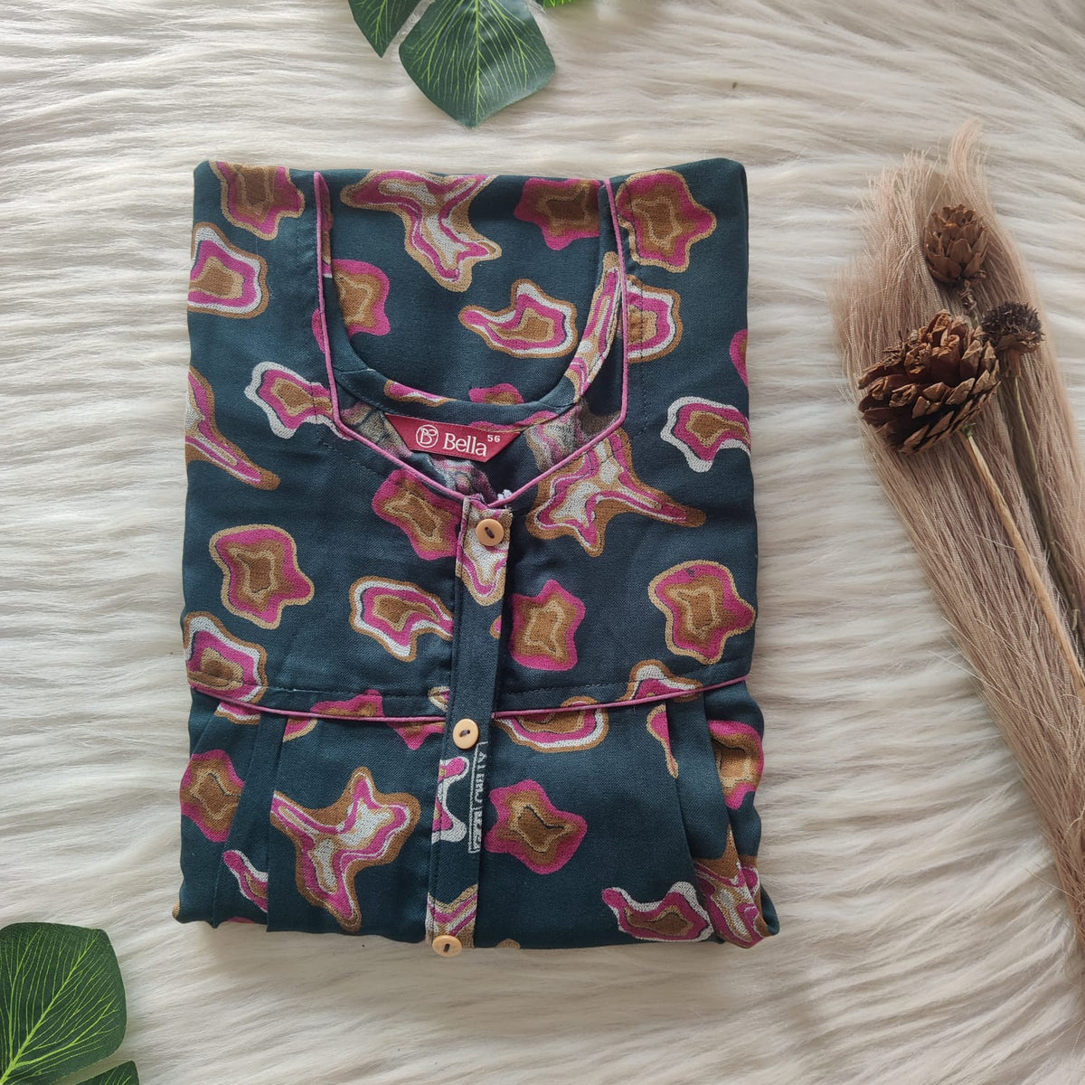 Pink Printed Green Printed Alfine Button Zip Nighty | Free Size | Chest Width 44″| Length 54″-56″