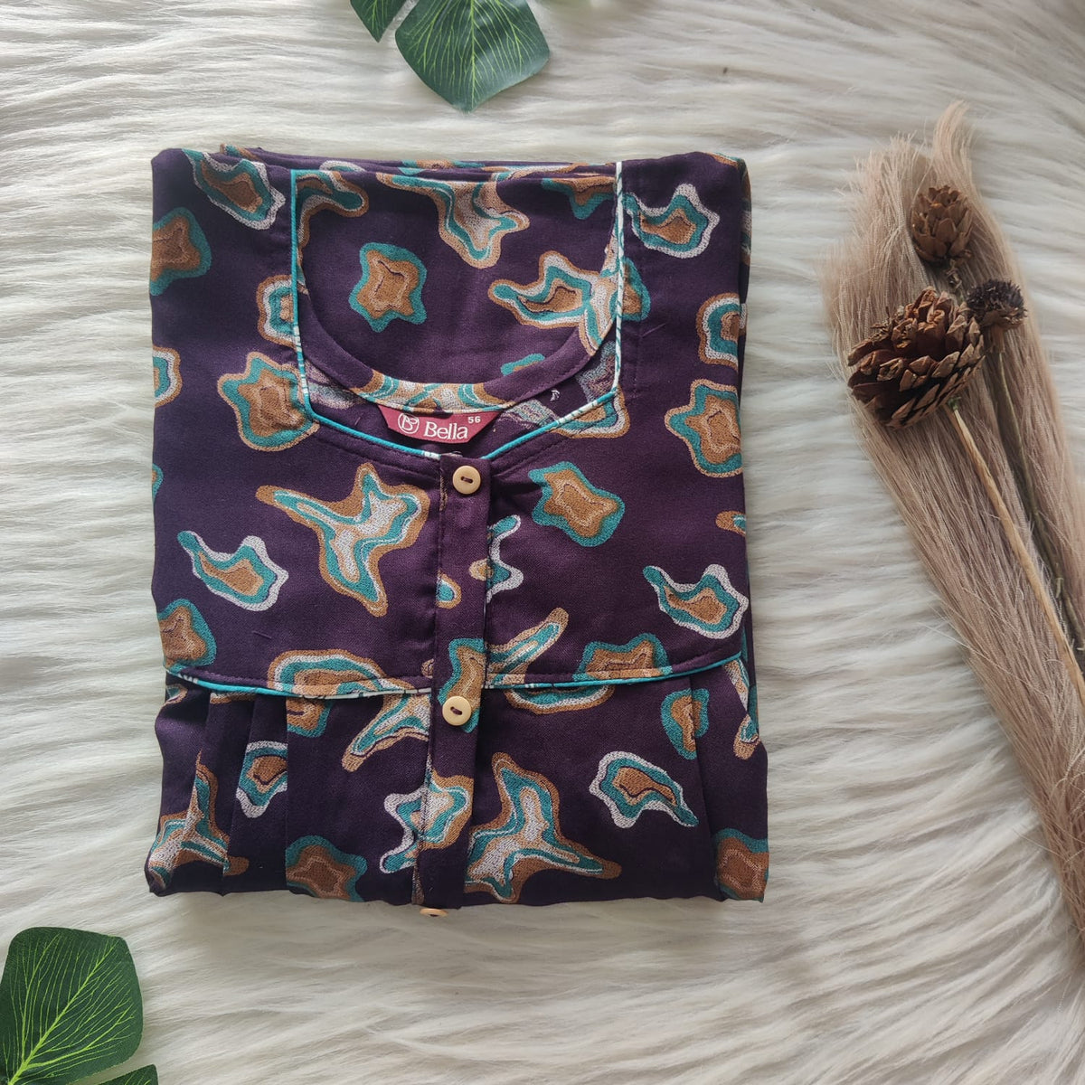 Green Printed Wine Printed Alfine Button Zip Nighty | Free Size | Chest Width 44″| Length 54″-56″