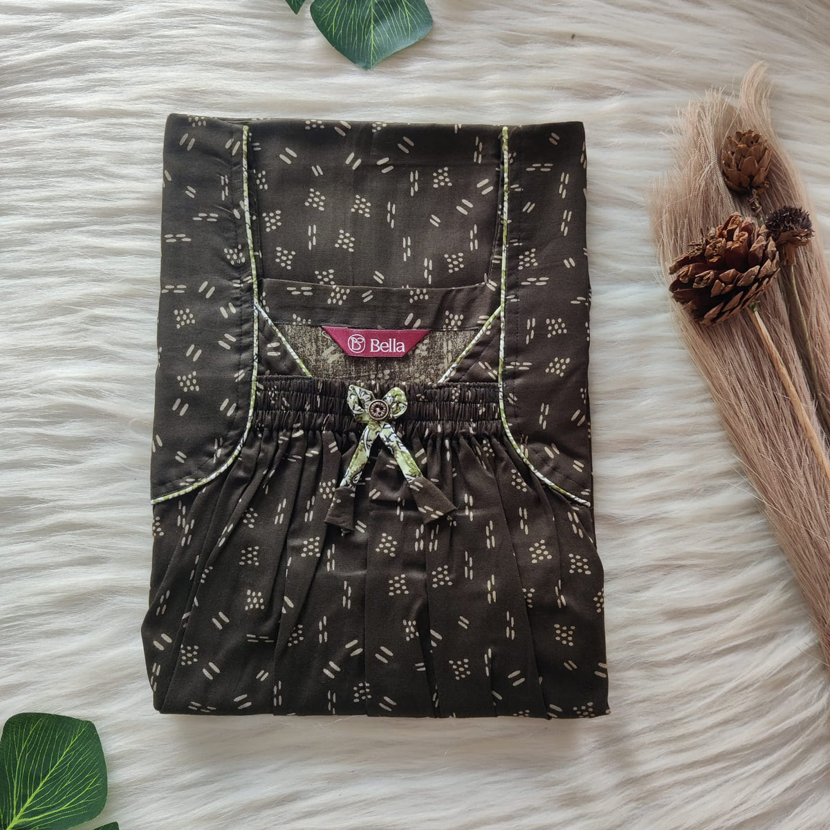 Olive Green Printed Premium Cotton Front Elastic Pleated Nighty | Free Size | Chest Width 44″| Length 56″
