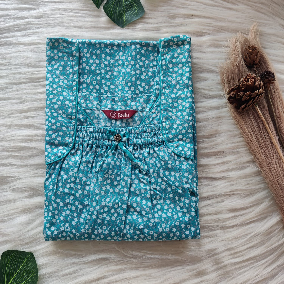 Blue Floral Printed Premium Cotton Front Elastic Pleated Nighty | Free Size | Chest Width 44″| Length 56″