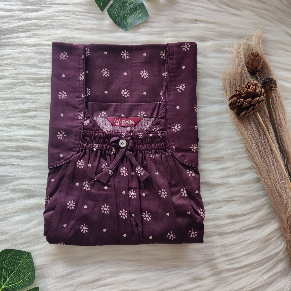 Coffee Brown Printed Premium Cotton Front Elastic Pleated Nighty | Free Size | Chest Width 44″| Length 56″